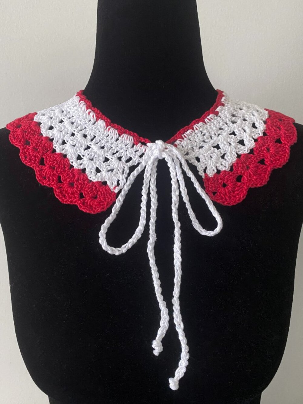 Handmade Crochet Red White Cotton Collar Neckwear Accessory
